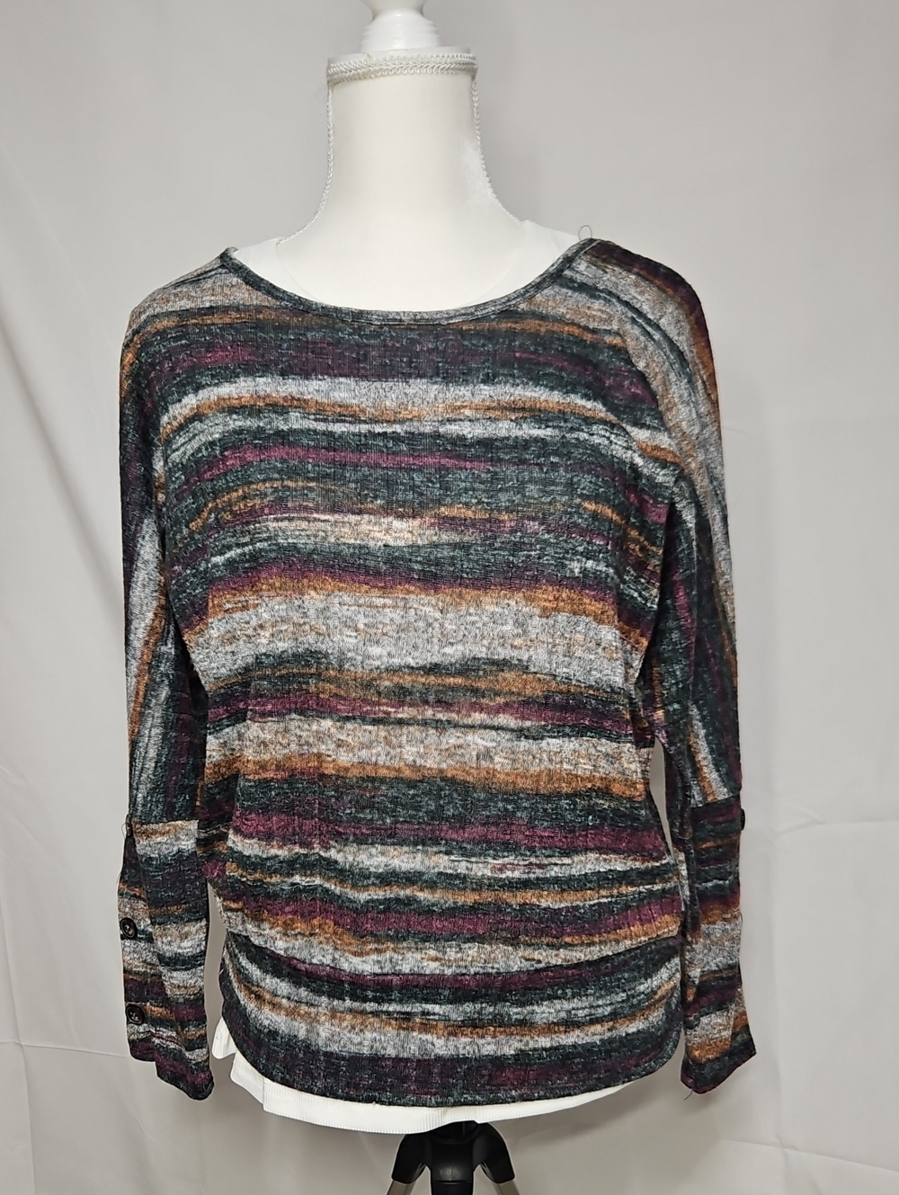 I.N. Studio Grey Ribbed Knit Sweater with Multicolor Neckline